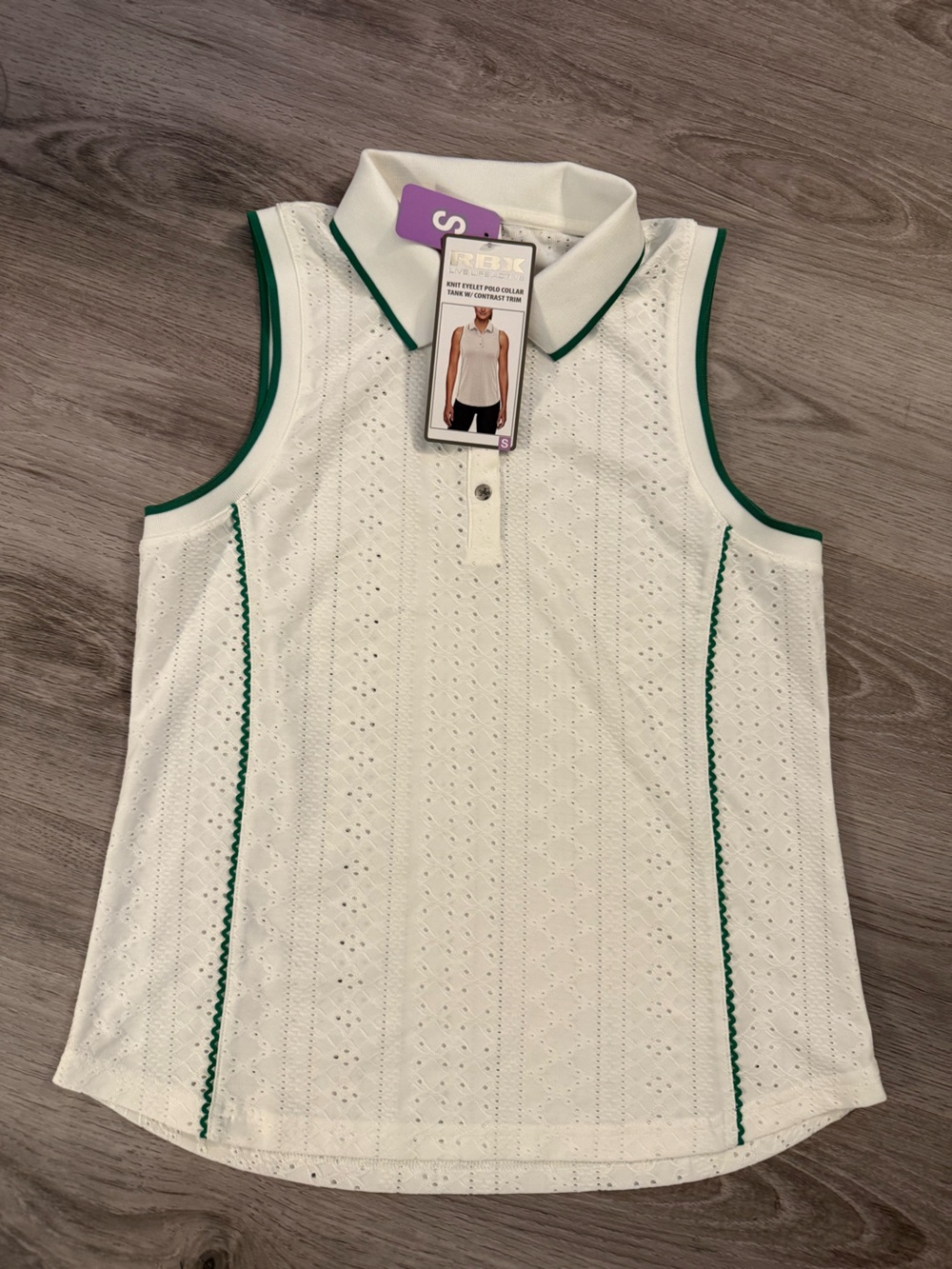 RBX White Eyelet Polo Tank with Green Trim